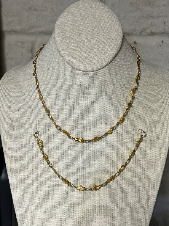 Vintage Gold Nugget Necklace and Bracelet Long Ch… - image 5