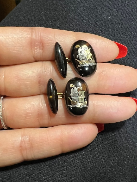 Victorian Antique Tortoise Shell Sailing Ship Cufflin… Gem