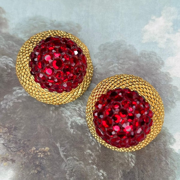 James Arpad Vintage Clip On Red Crystal Earrings