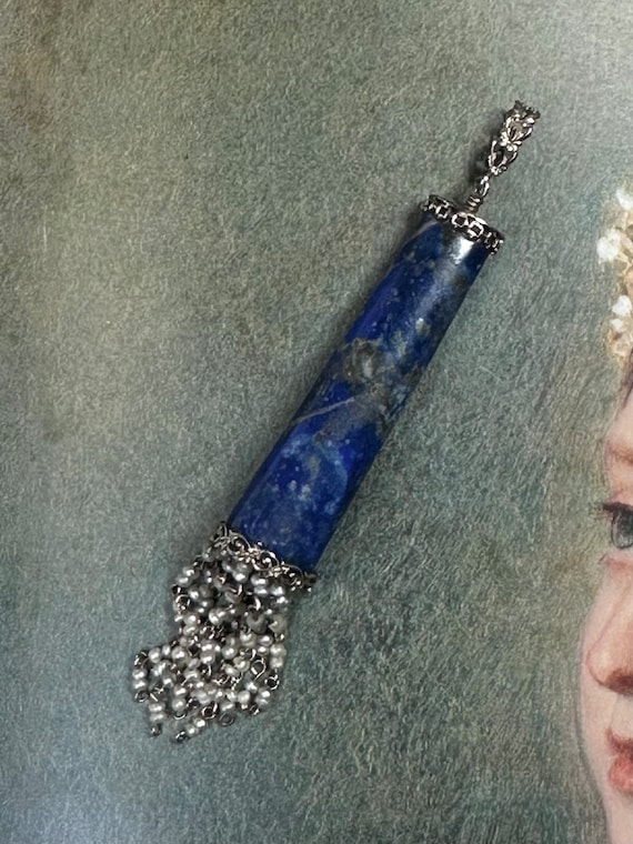 Antique Sodalite Seed Pearl Tassel in 14k Gold