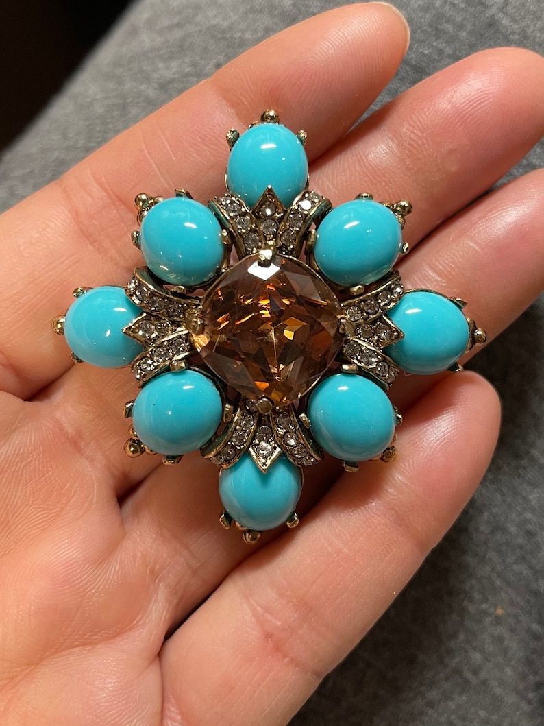 Ciner Vintage Turquoise and Citrine Brooch
