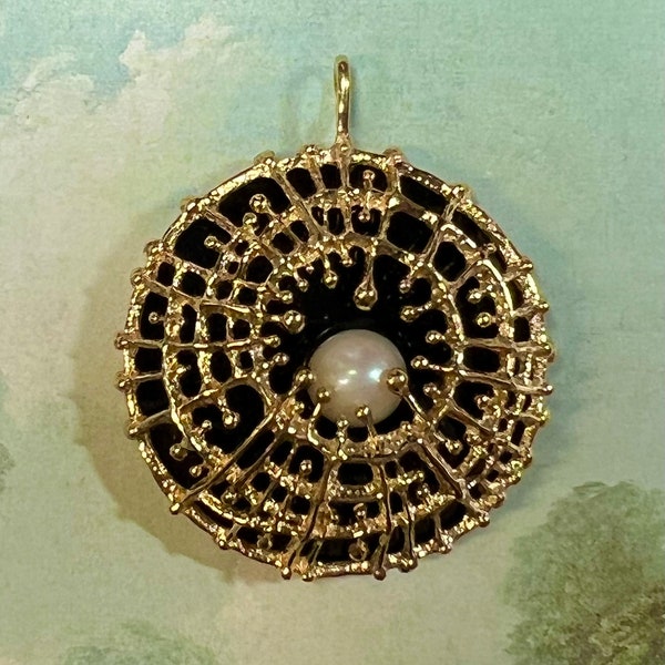 Vintage Moderist 14k Gold Black Onyx and Pearl Charm Pendant