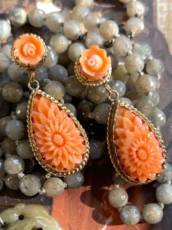 Vintage Carved Coral Earrings 14k Gold