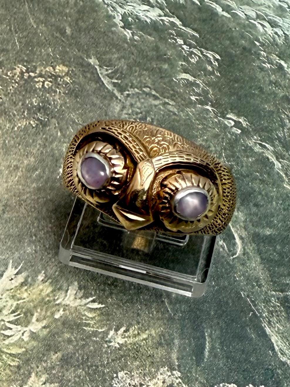 Vintage Owl Ring 14k Gold Star Sapphire Size 11