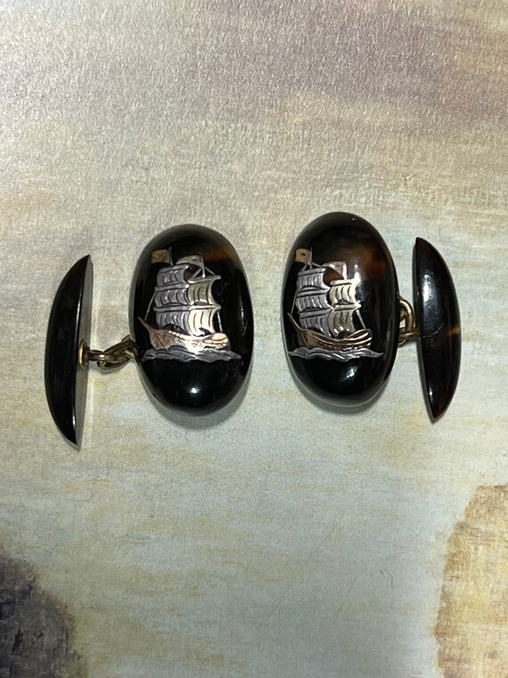 Victorian Antique Tortoise Shell Sailing Ship Cufflin… Gem
