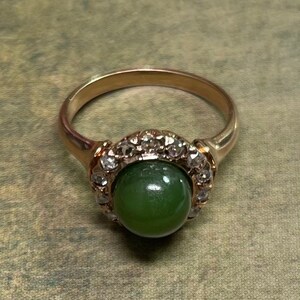 Nephrite Jade and Rose Cut Diamond 14k Cluster Ring sz 5