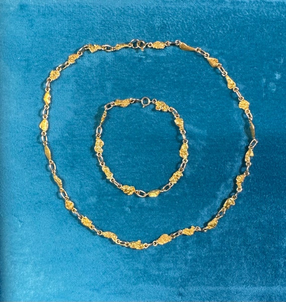 Vintage Gold Nugget Necklace and Bracelet Long Ch… - image 1