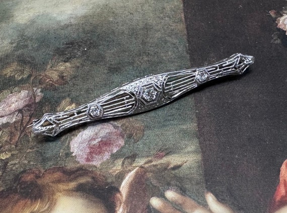 Antique Platinum Diamond Filigree Bar Pin - image 1