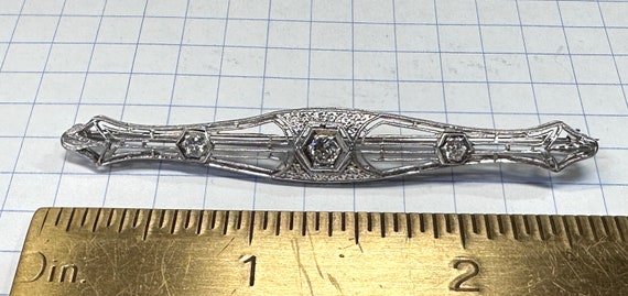 Antique Platinum Diamond Filigree Bar Pin - image 3