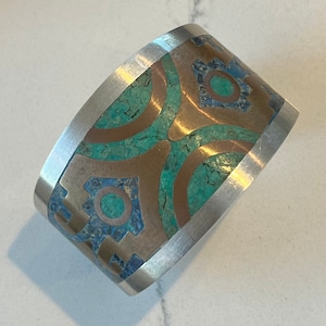 Vintage POM Sterling Wide Cuff Malachite and Lapis