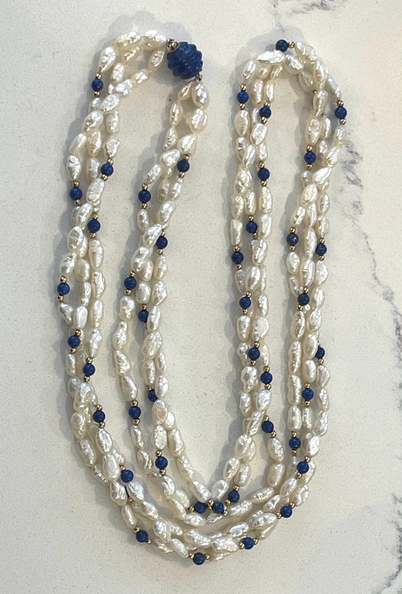 Lapis, Keshi Pearl, and 14k Gold Bead Necklace
