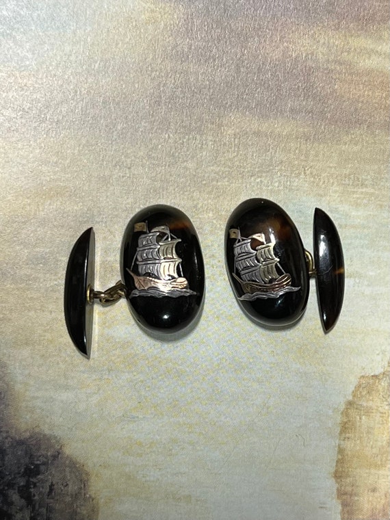 Victorian Antique Tortoise Shell Sailing Ship Cufflin… Gem