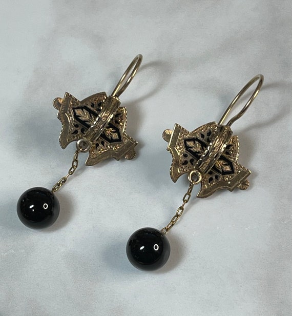 Victorian 14k Black Enamel and Onyx Earrings - image 7