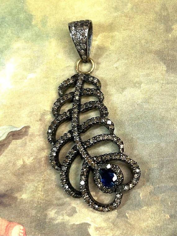 Vintage Feather Pendant Sapphire and Diamonds in … - image 1