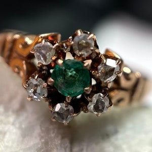 Victorian Emerald Rose Cut Diamond 14k Ring