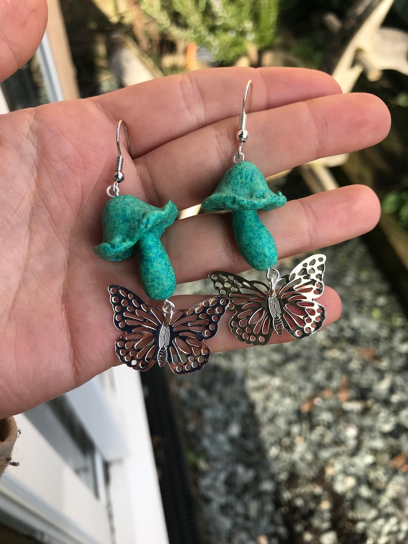 kawaii Turquoise Glitter Butterfly Mushroom Earrings