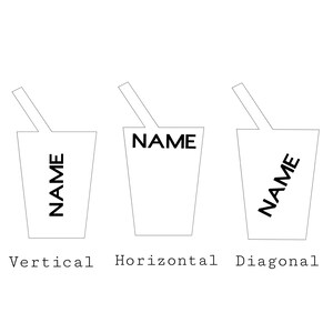 May include: Three illustrations of a cup with a straw and the word "NAME" written inside. The first cup has the word "NAME" written vertically, the second cup has the word "NAME" written horizontally, and the third cup has the word "NAME" written diagonally.
