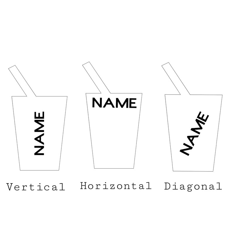 May include: Three illustrations of a cup with a straw and the word "NAME" written inside. The first cup has the word "NAME" written vertically, the second cup has the word "NAME" written horizontally, and the third cup has the word "NAME" written diagonally.