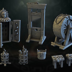 May include: A set of medieval torture devices, including a guillotine, a spiked cage, a wheel, and a wooden stool. The devices are made of wood and metal and are painted in a gray color.
