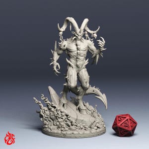 May include: A detailed, light-colored figurine of a horned demon with a muscular physique, adorned with skulls and sharp claws. The demon stands on a stone base with flames and a red, twelve-sided die is next to it. The figurine has a detailed wood-like texture.