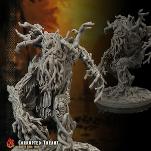 Puede incluir: Figura en miniatura gris detallada de un Corrupted Treant, con apariencia de árbol texturizado. La figura tiene múltiples ramas y una cara detallada. La base mide 50 mm. Diseñado para juegos de mesa.