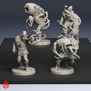 Könnte beinhalten: Vier detaillierte, graue Miniaturfiguren von Fantasy-Kreaturen. Die Figuren umfassen ein Monster mit einem großen, zahnigen Maul, einen Krieger mit einer Waffe und zwei weitere monströse Figuren mit Tentakeln. Die Figuren stehen auf runden Sockeln.