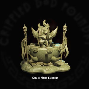May include: A goblin head with flames erupting from its head sits atop a cauldron with two skull-topped staffs on either side. The cauldron is made of stone and has a rough texture. The goblin head is made of a smooth, light brown material. The text "Goblin Magic Cauldron" is printed below the image.