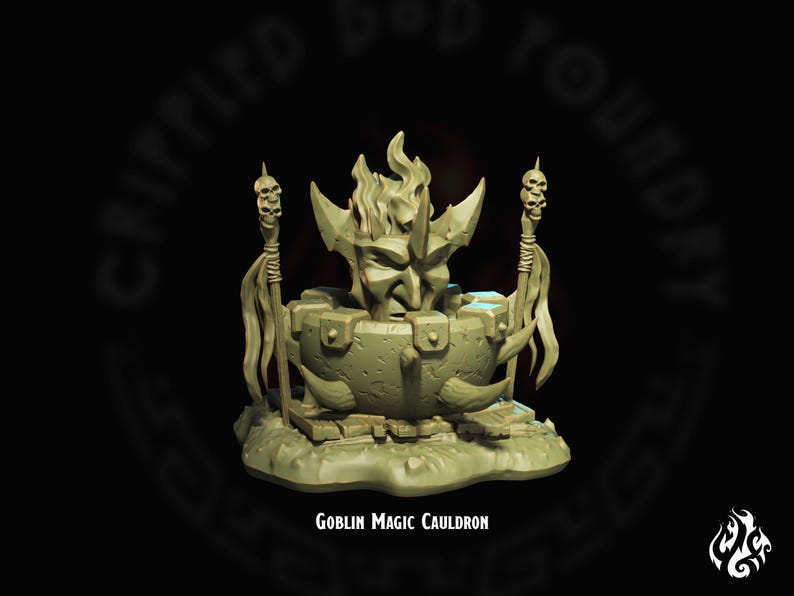 May include: A goblin head with flames erupting from its head sits atop a cauldron with two skull-topped staffs on either side. The cauldron is made of stone and has a rough texture. The goblin head is made of a smooth, light brown material. The text "Goblin Magic Cauldron" is printed below the image.