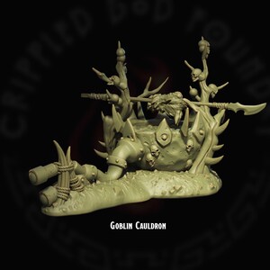 May include: A green goblin cauldron with a skull-shaped base and a spiked rim. The cauldron is surrounded by branches with skulls and a spear. The cauldron is sitting on a green base.