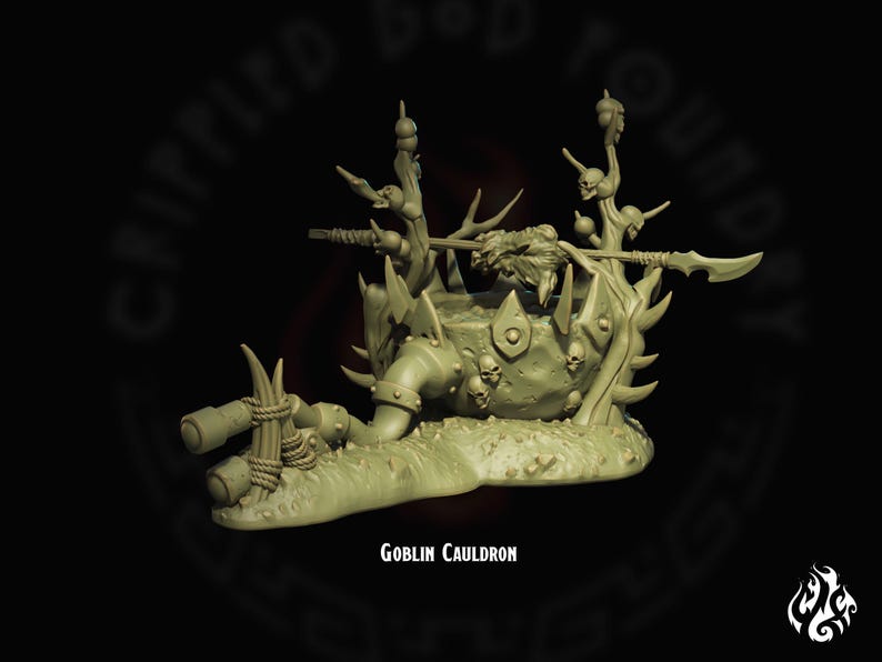 May include: A green goblin cauldron with a skull-shaped base and a spiked rim. The cauldron is surrounded by branches with skulls and a spear. The cauldron is sitting on a green base.