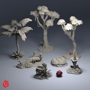 Op de afbeelding: Een verzameling grijze fantasie-terreinonderdelen, waaronder bomen, planten en een D20-dobbelsteen. De set bevat een palmboom, diverse loofbomen en unieke planten, ontworpen voor tabletop gaming of display.
