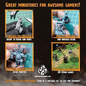 May include: Image showcasing miniature figurines for gamers. The text reads "Great Miniatures for Awesome Gamers!" and highlights features like careful post-processing, flexible resin, high-resolution printing, and suitability for 28-32mm games.