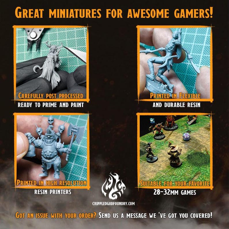 May include: Image showcasing miniature figurines for gamers. The text reads "Great Miniatures for Awesome Gamers!" and highlights features like careful post-processing, flexible resin, high-resolution printing, and suitability for 28-32mm games.