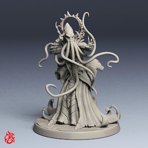 May include: A grey unpainted resin miniature figure of a humanoid creature with a tentacled face, wearing a long flowing robe and a spiked halo headpiece. The figure stands on a circular base with multiple tentacles extending outward from its body.