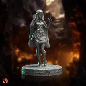 May include: A grey figurine of a woman in a hooded cloak, skirt, and boots, standing on a round platform. The figure has one hand raised and a knife at her side. The platform has a decorative design.