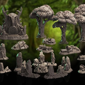 May include: A collection of grey miniature terrain pieces including three detailed trees, a large stone altar with carved circular symbols, various rock formations, standing stones, and fallen logs, all designed for tabletop gaming setups.