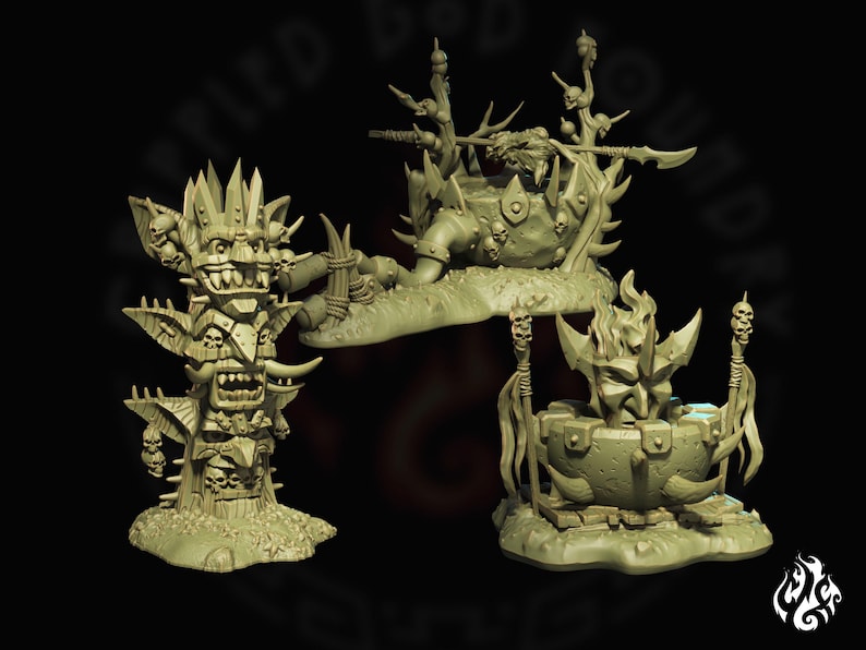 May include: Three miniature, hand-painted, green-colored, fantasy-themed figurines. The figurines are made of resin and depict a totem pole, a cauldron, and a shrine. The figurines are designed for tabletop gaming.