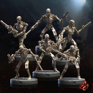 May include: Six gray, articulated, skeletal robot figures with weapons, standing on circular bases. The figures are posed in various action stances.