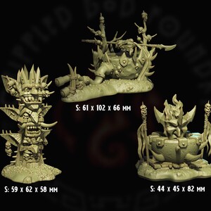 May include: Three miniature, detailed, unpainted, resin figurines of a totem pole, a cauldron with a skull, and a cauldron with a skull and flames. The figurines are on a black background and have measurements in inches.