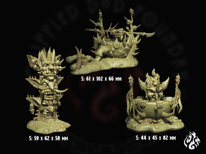 May include: Three miniature, detailed, unpainted, resin figurines of a totem pole, a cauldron with a skull, and a cauldron with a skull and flames. The figurines are on a black background and have measurements in inches.