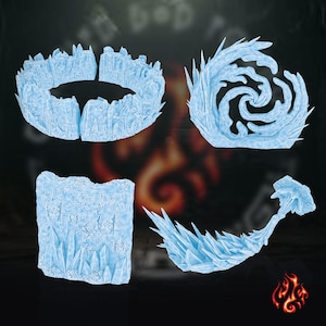 Puede incluir: Cuatro modelos diferentes impresos en 3D con temática de hielo. El primero es una pared circular de hielo, el segundo es un vórtice de hielo giratorio, el tercero es una pared rectangular de hielo y el cuarto es una pared curva de hielo con una punta puntiaguda.