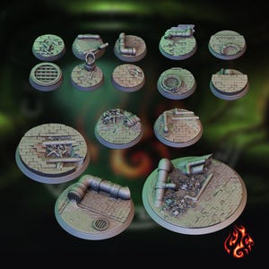 May include: A set of 14 grey resin miniature bases featuring various sewer and pipe designs. The bases are circular and have a textured surface. Some bases feature broken pipes, while others have intact pipes and grates.