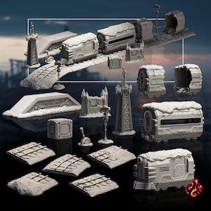 May include: A set of 3D printed miniature train track pieces, including a bridge, a tower, a building, and several train cars. The pieces are painted in a gray color and have a snowy texture.
