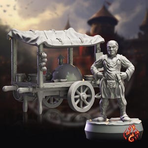Thomas The Cook i wózek z jedzeniem | miniatura do gier fantasy RPG, skala 28-32 mm