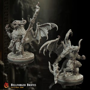 May include: Two gray, detailed miniature figures of demonic creatures with horns, wings, and weapons. One figure is standing, holding a flaming staff, while the other is kneeling. The base size is 50mm. The text "Hellforged Brutes" is visible.