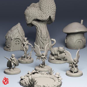 May include: A selection of fantasy miniatures, featuring a fairy house, a mushroom cottage, a tree with a carved face, winged fairies, and a cat on a log. The miniatures are all in a neutral grey colour.