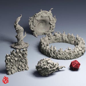 May include: A collection of five unpainted grey resin miniature terrain pieces representing magical fire effects, including a swirling vortex, a tall flame pillar, a wall of fire, a circular ring of flames, and a fireball, plus one red twenty-sided die.