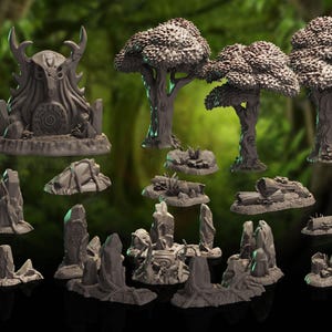 May include: A set of 3D printed miniature forest scenery pieces, including trees, rocks, and a stone altar with a circular design. The pieces are painted in shades of gray and brown, creating a realistic and detailed look.