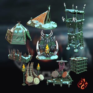 May include: A set of 3D printed miniature fantasy village buildings, including a tower, tents, a throne, and a fence. The buildings are made of green and brown plastic and have a snowy base.