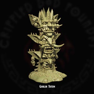May include: A detailed goblin totem made of a light brown material. The totem is carved with multiple goblin faces and skulls. The totem is standing on a base with a small inscription that reads "Goblin Totem".
